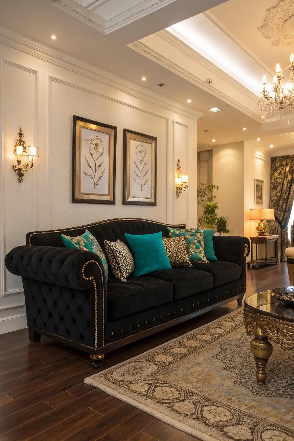 Rich jewel tones add luxury to a dark-toned sofa.