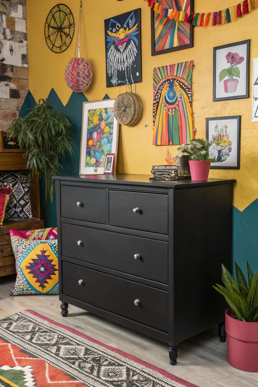 A black dresser highlighting bold colors in a lively room.