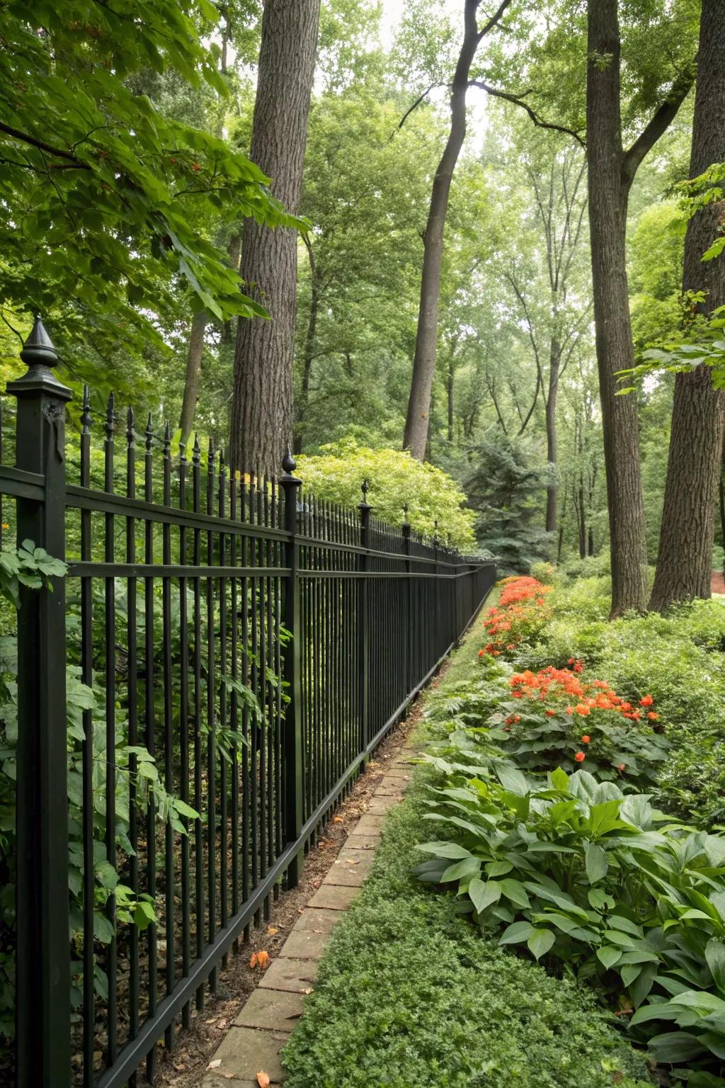 The dramatic contrast of a black fence against lush greenery.