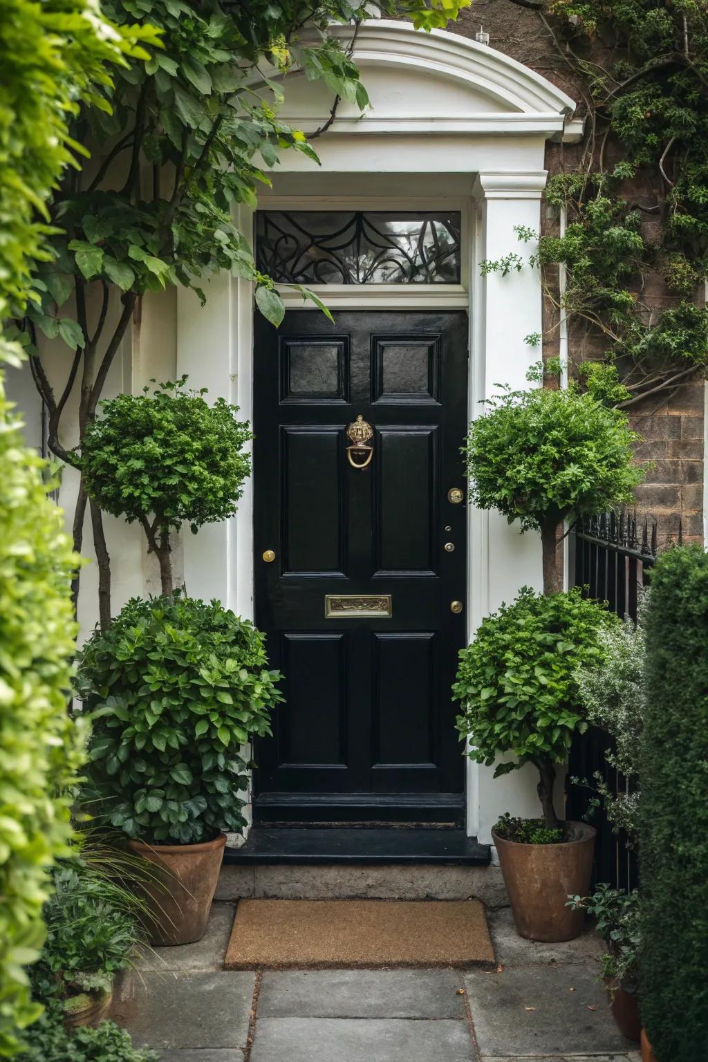 An inviting dark-toned door enhanced by vibrant greenery.