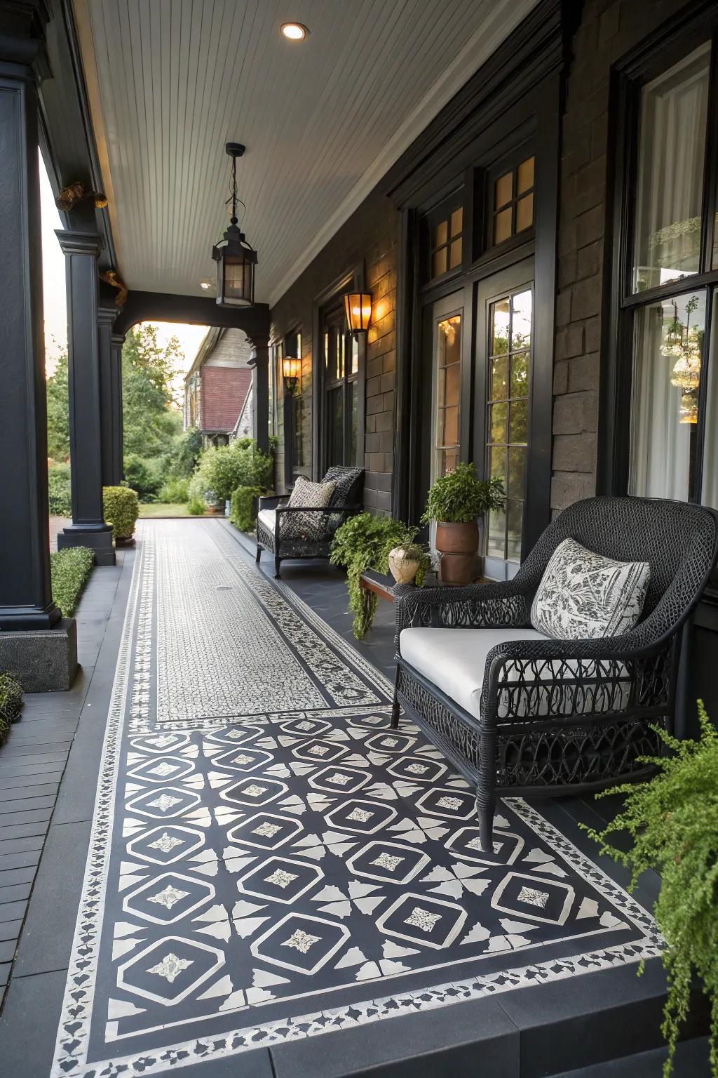 A black porch highlighting sophisticated geometric patterned tiles.