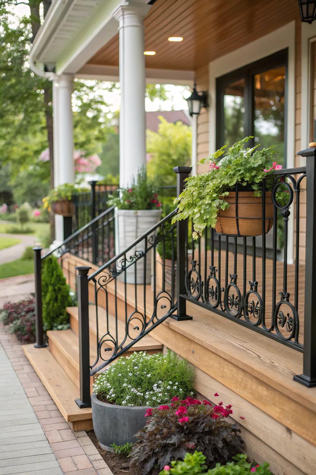 The warmth of wood combined with black metal creates an inviting porch atmosphere.
