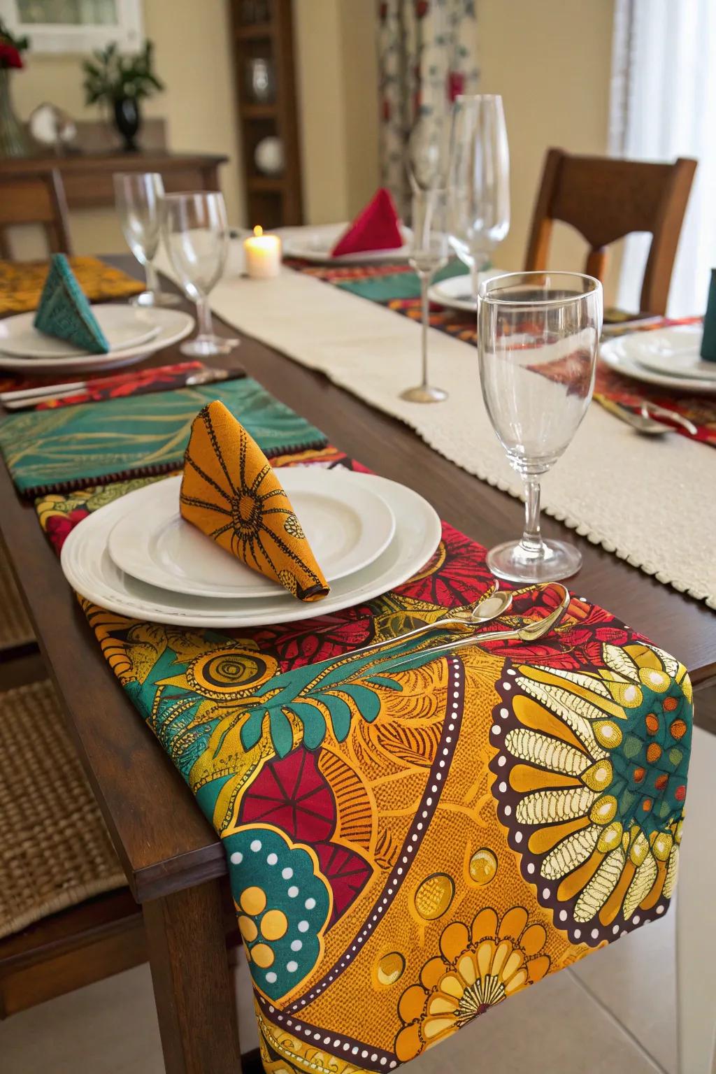 Table settings complete with vibrant African patterns make a bold statement.