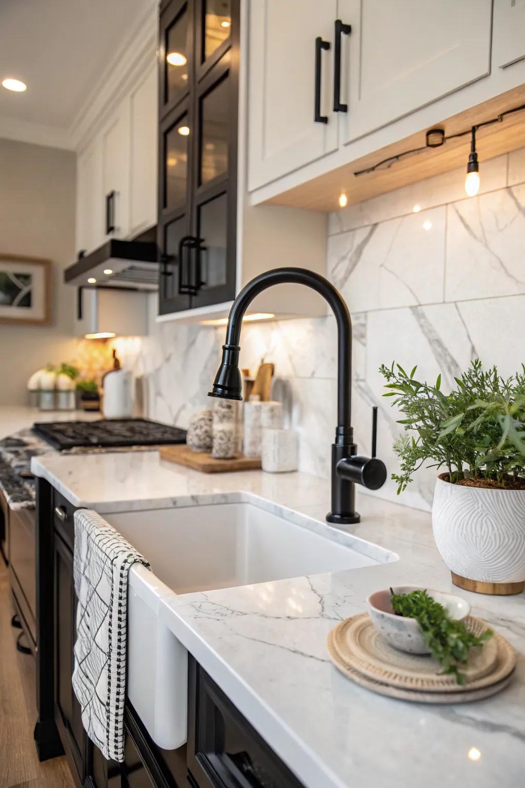 The sophistication of marble is wonderfully highlighted by this striking dark tap.