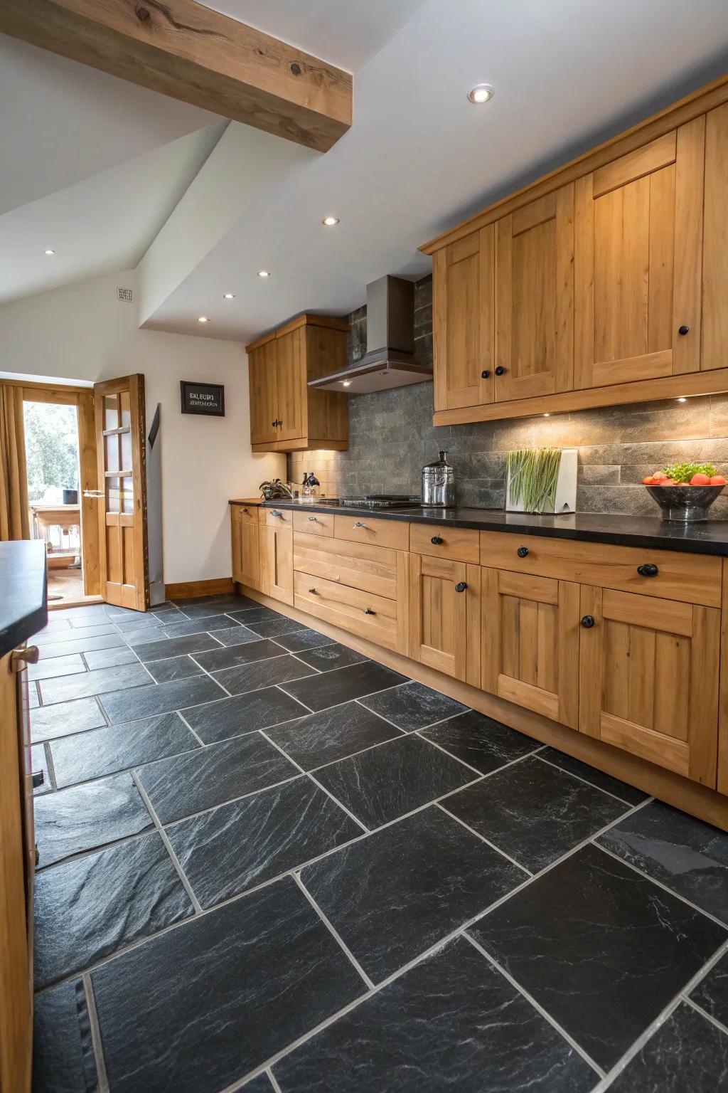 A kitchen highlighting the abundant texture of natural record ink floor tiles.