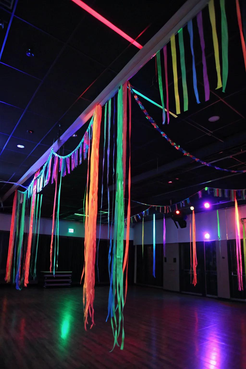 Transform your ceiling into a glowing showcase with neon ribbons.