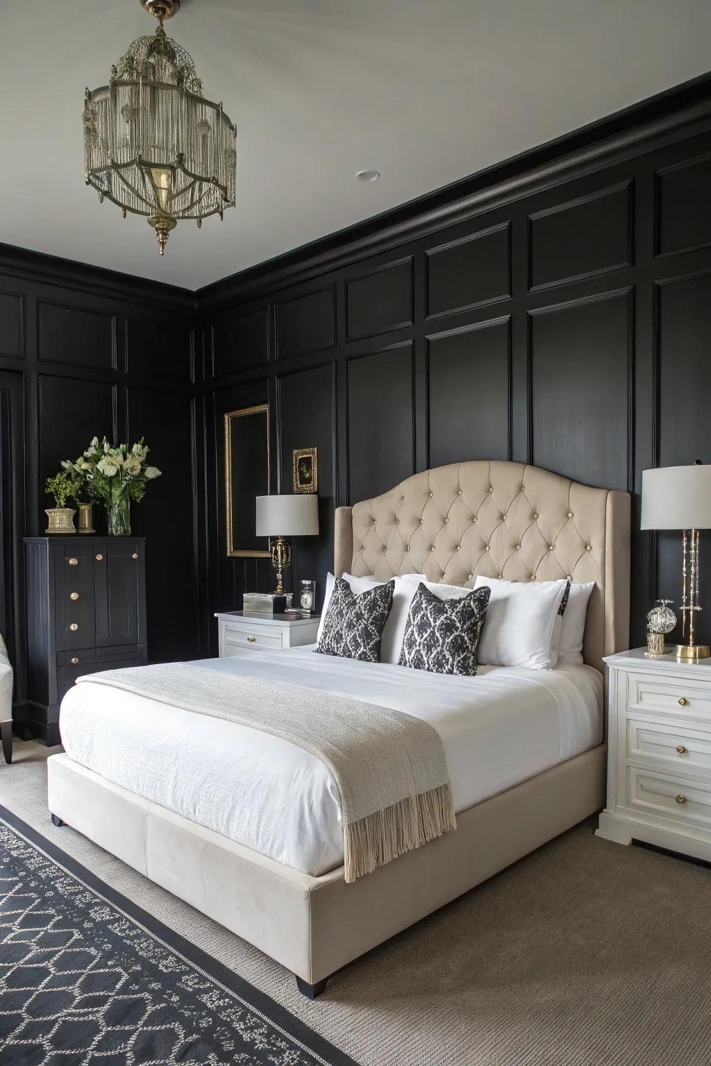 White linens offer a spectacular contrast to the dark decorations.