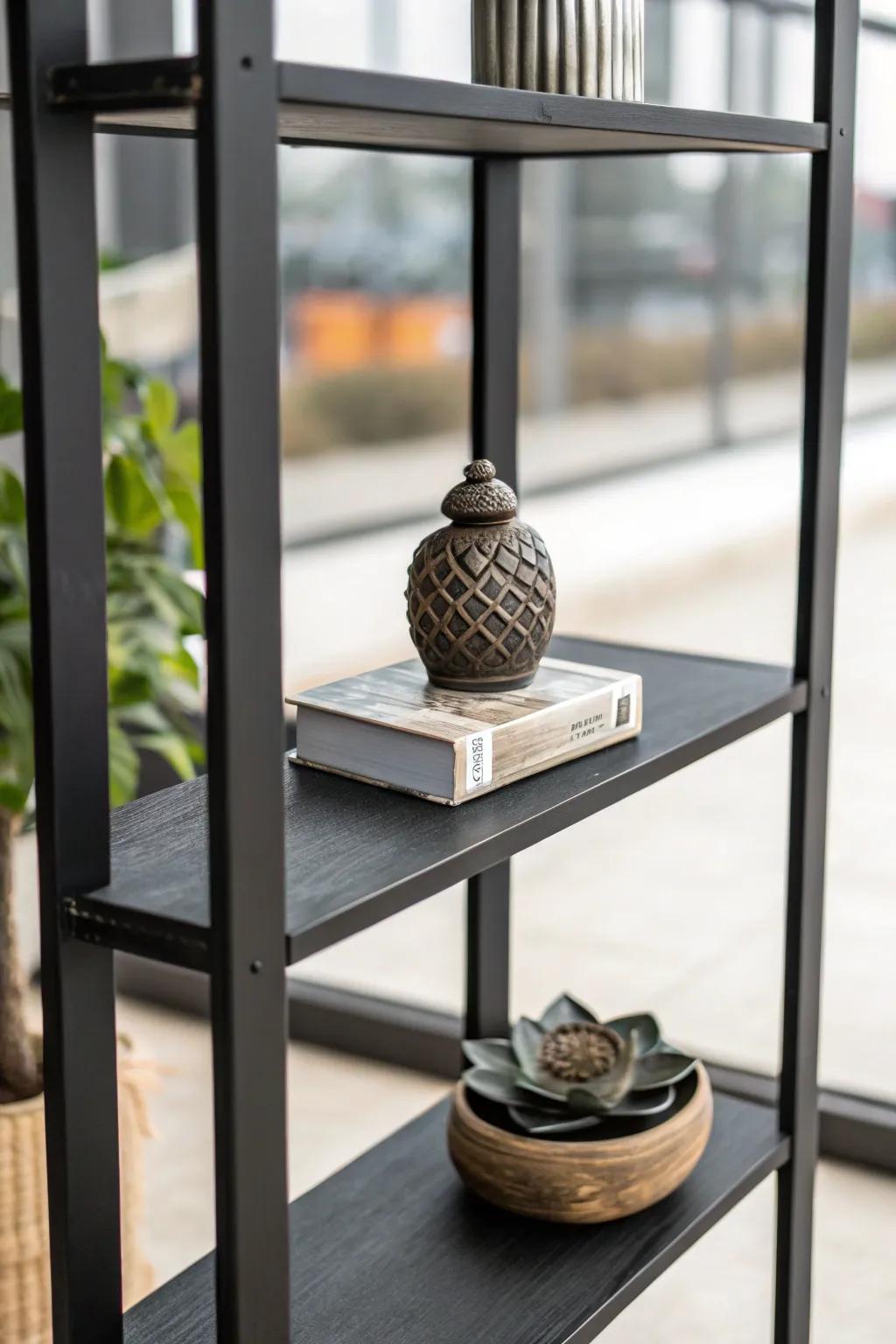 An elegant statue introducing grace to a dark shelf.