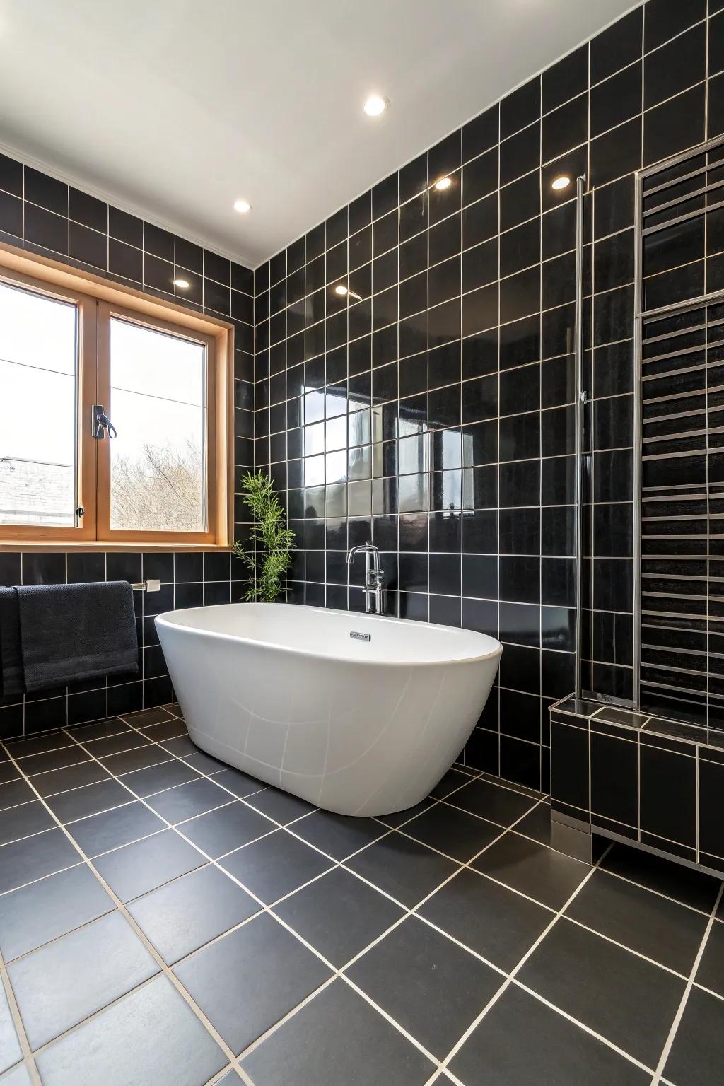 Large format black tiles enhance the spa-like ambiance of this bathroom.
