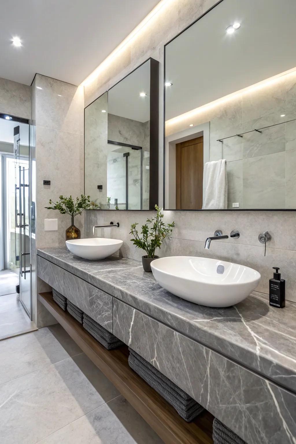 Pale stone features elevate the extravagance and refinement of this bathroom.