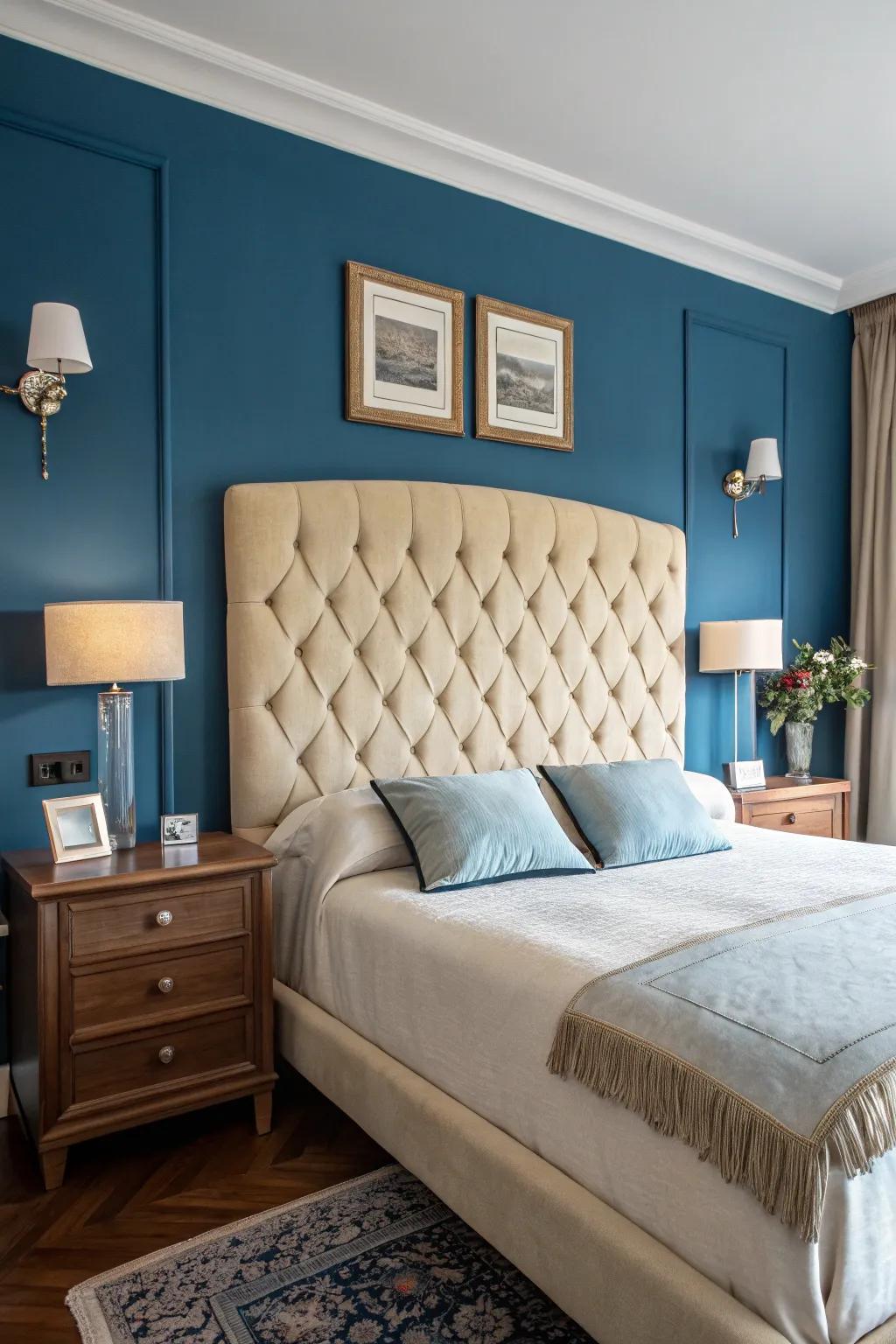 An ivory headboard stands out exquisitely against azure walls.
