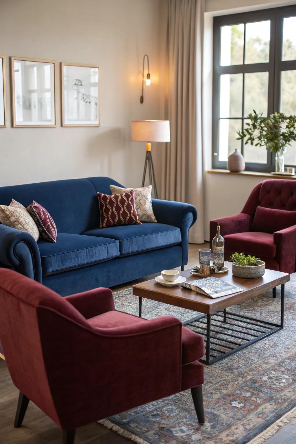 Azure and crimson seating form a balanced and fashionable centerpiece.