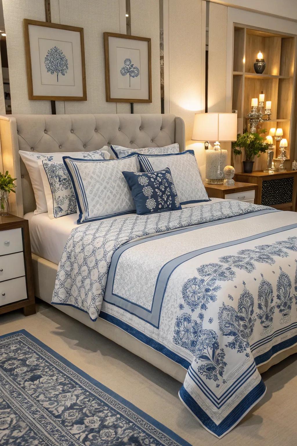 A blend of patterns in blue and white linens creates a cozy and appealing bed.