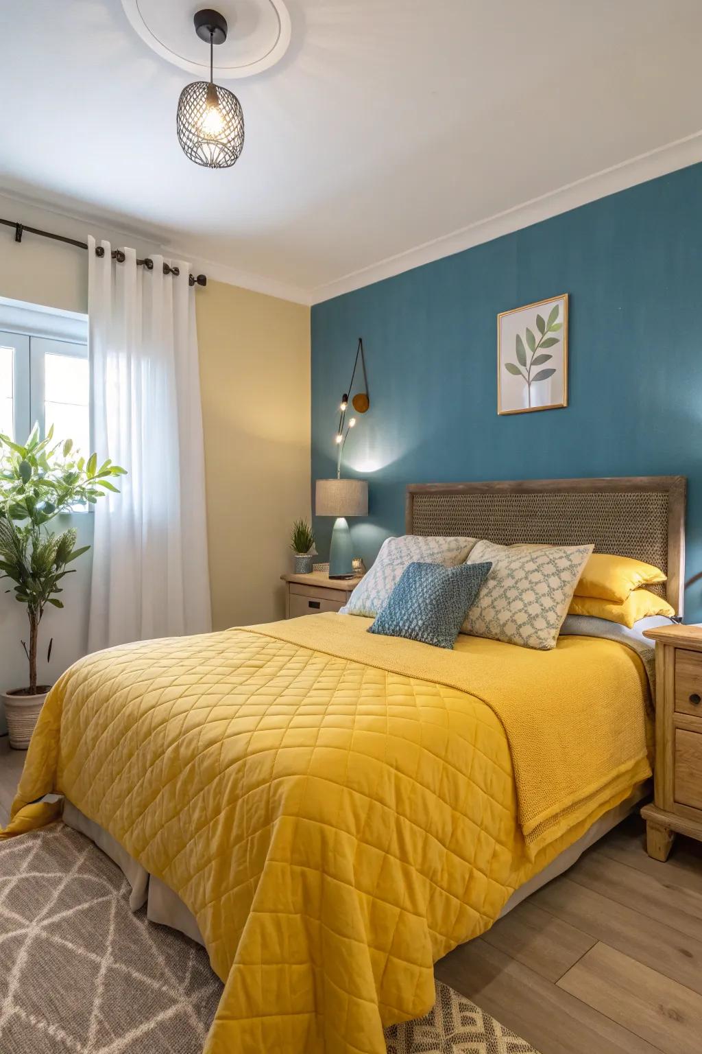 A bedroom featuring a blue accent wall and yellow bedding for a serene look.