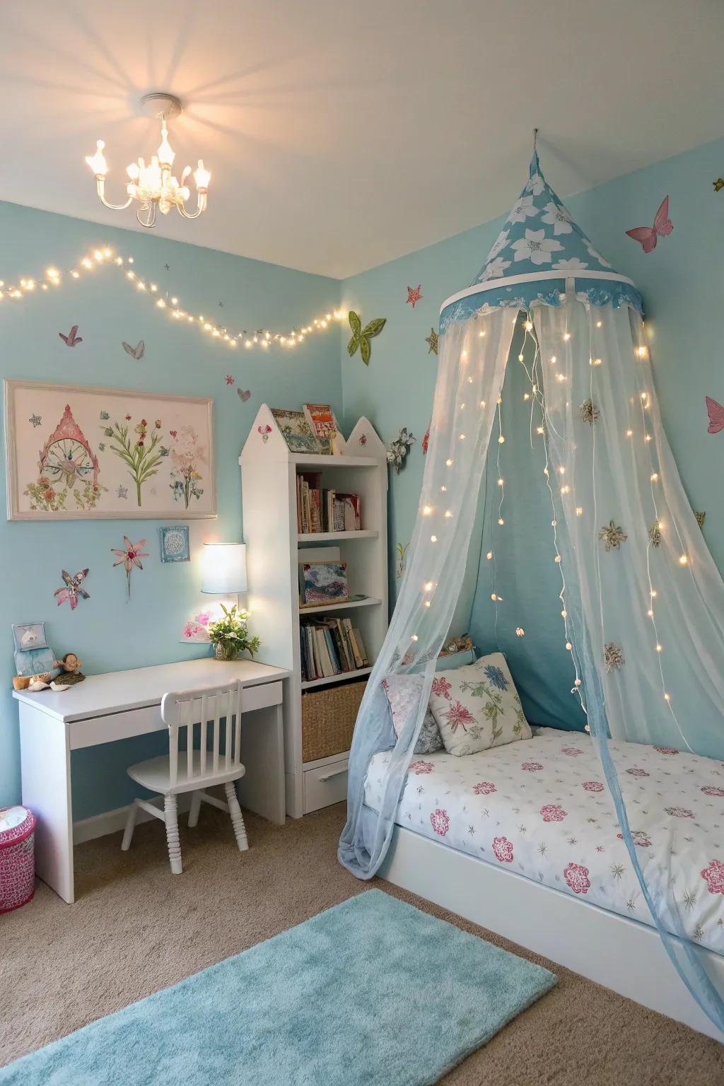 Enchanting themes give a magical feel to a blue bedroom.