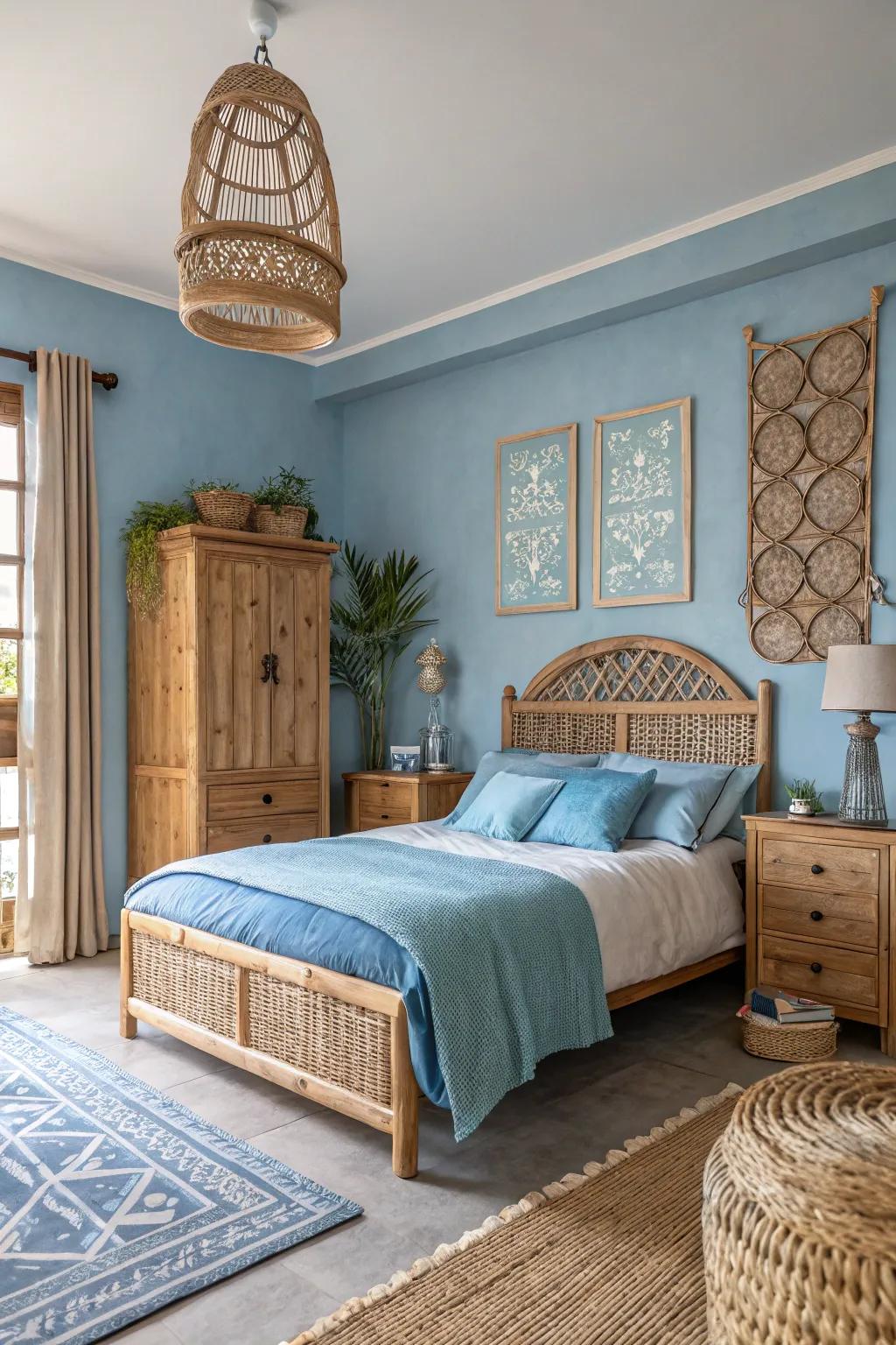 Earth-sourced materials harmonize beautifully with blue hues.
