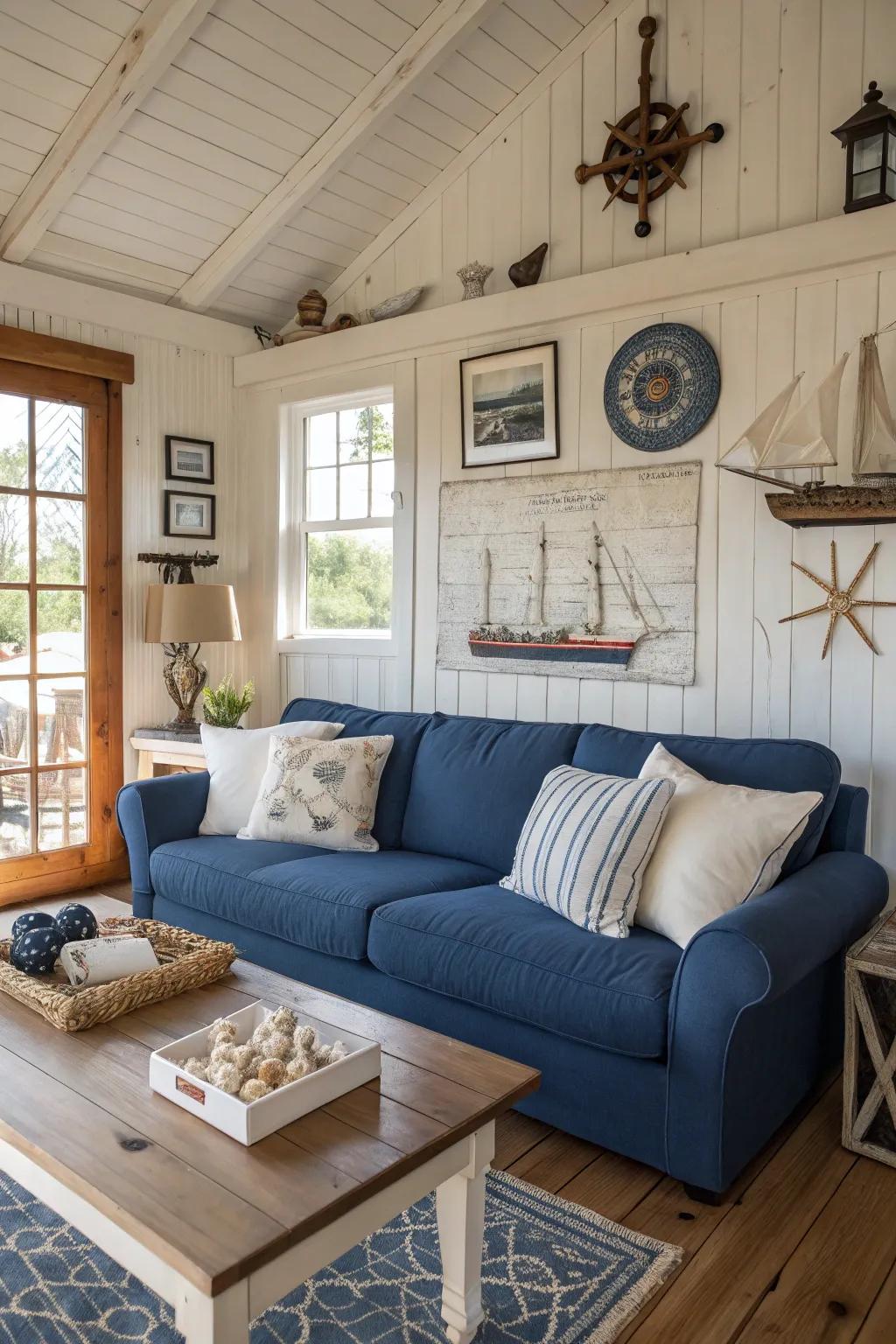 Develop a beach-inspired living room using a cerulean sofa and seaside decorations.