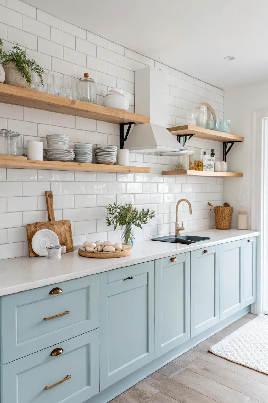 Pastel blue cabinets provide a gentle and dreamy aesthetic that's both peaceful and stylish.