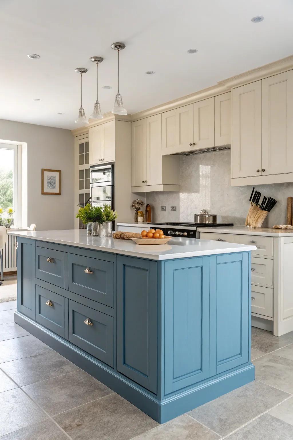 A striking sapphire centerpiece commands attention in this kitchen.