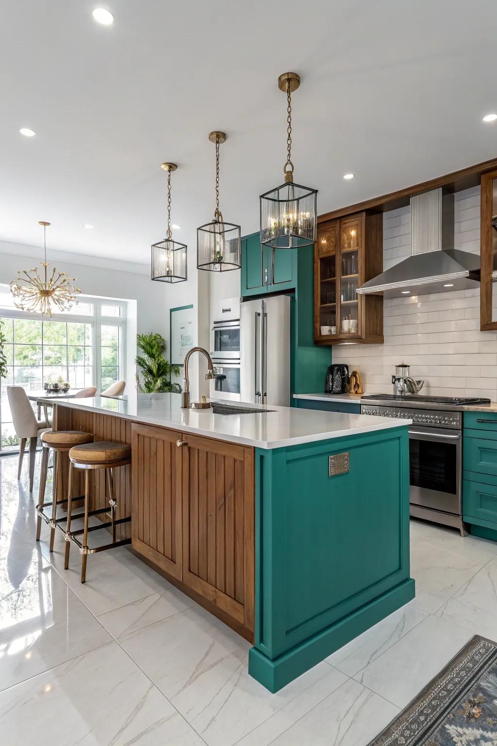 A teal island introduces a modern edge to this chic kitchen design.