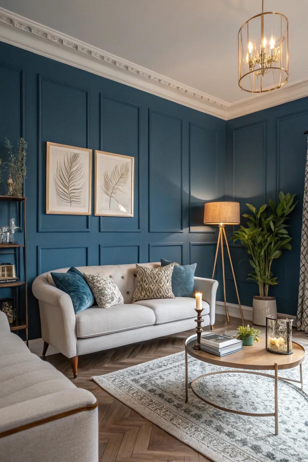 A rich blue emphasized wall adds dramatic flair to this sophisticated living room.