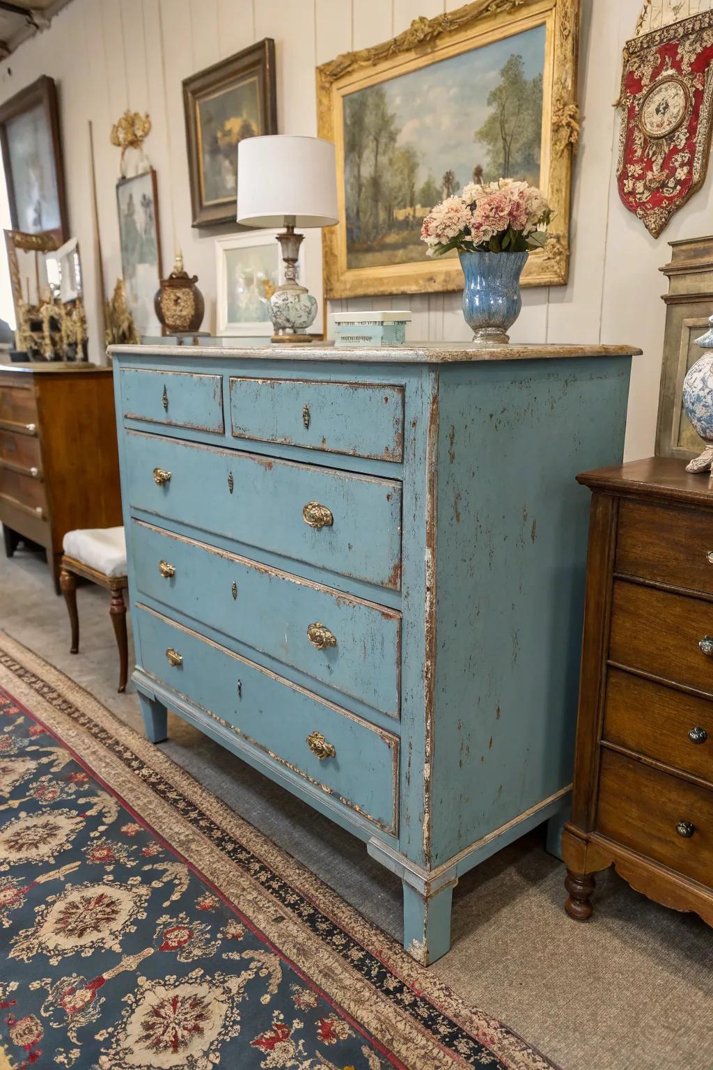 A vintage blue dresser detailed with a distressed look for an antique effect.
