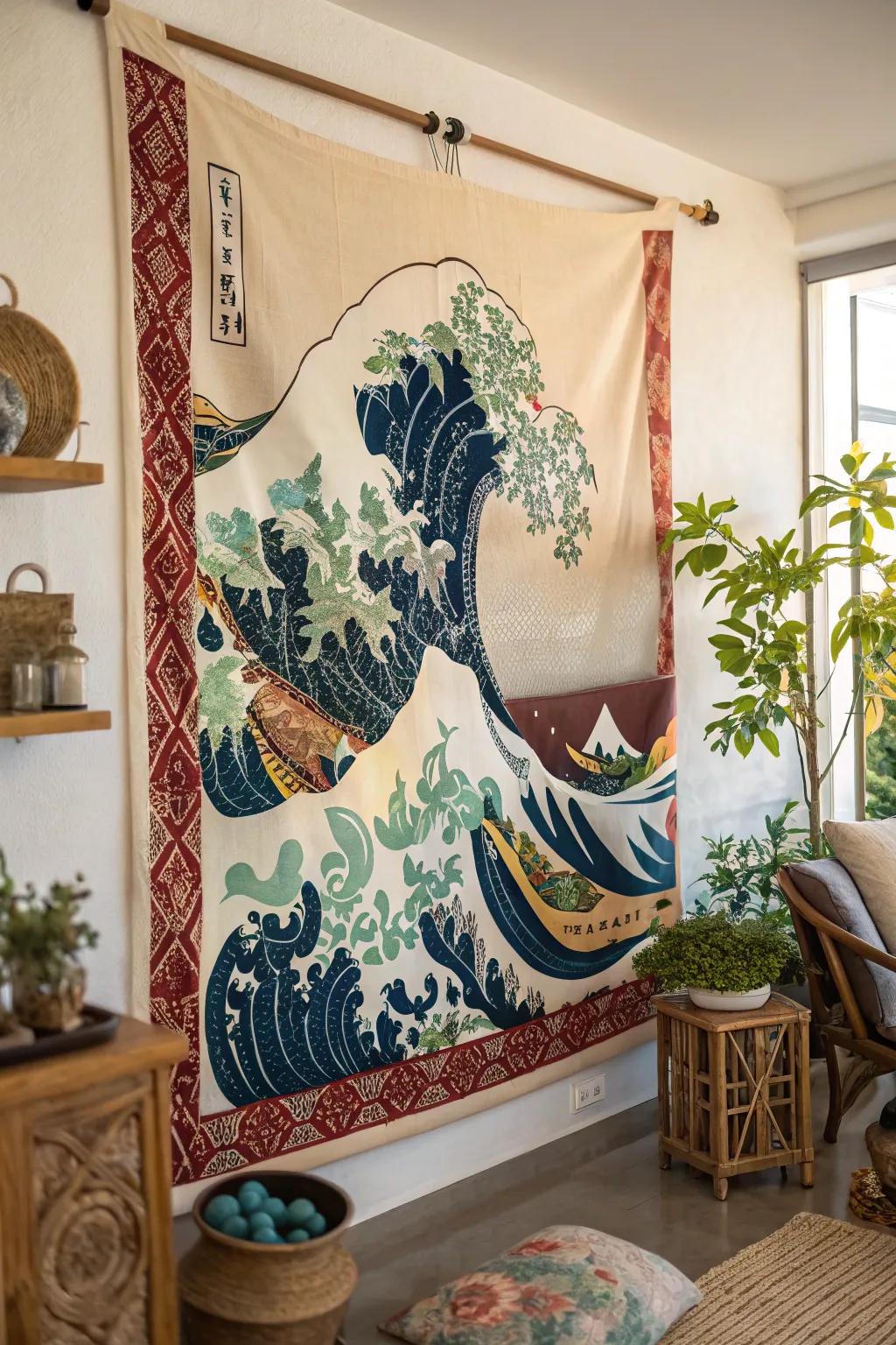 A wave-patterned fabric art delivers the tranquil essence of the sea into your dwelling.