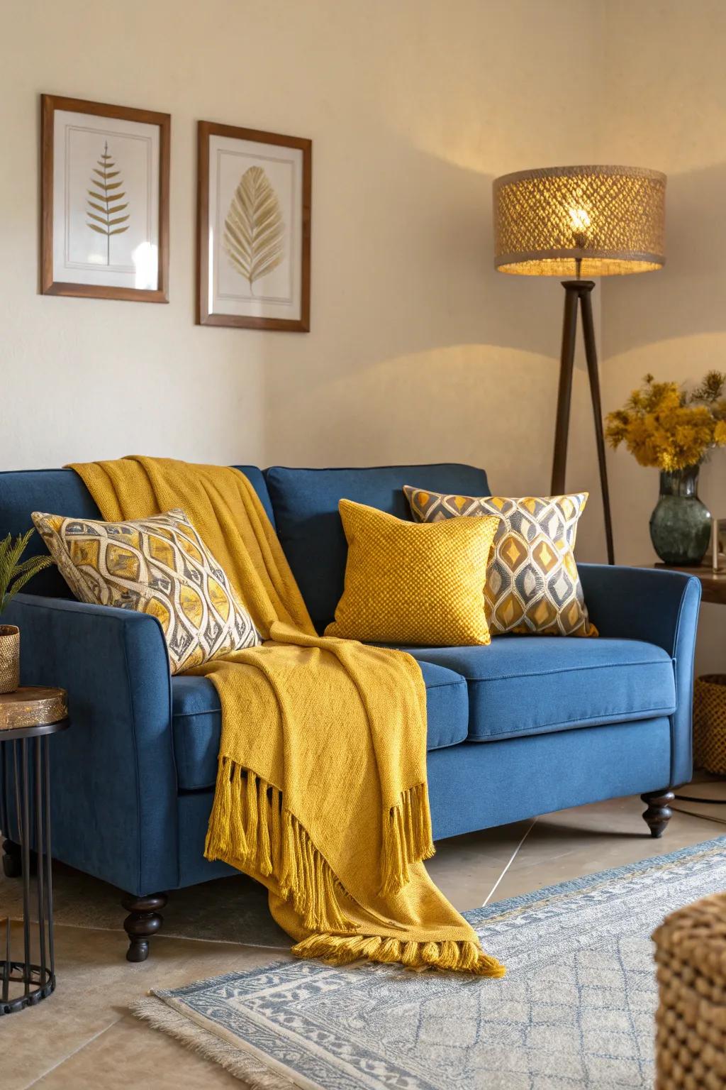 A dash of mustard yellow can amplify the charm of the cerulean couch.