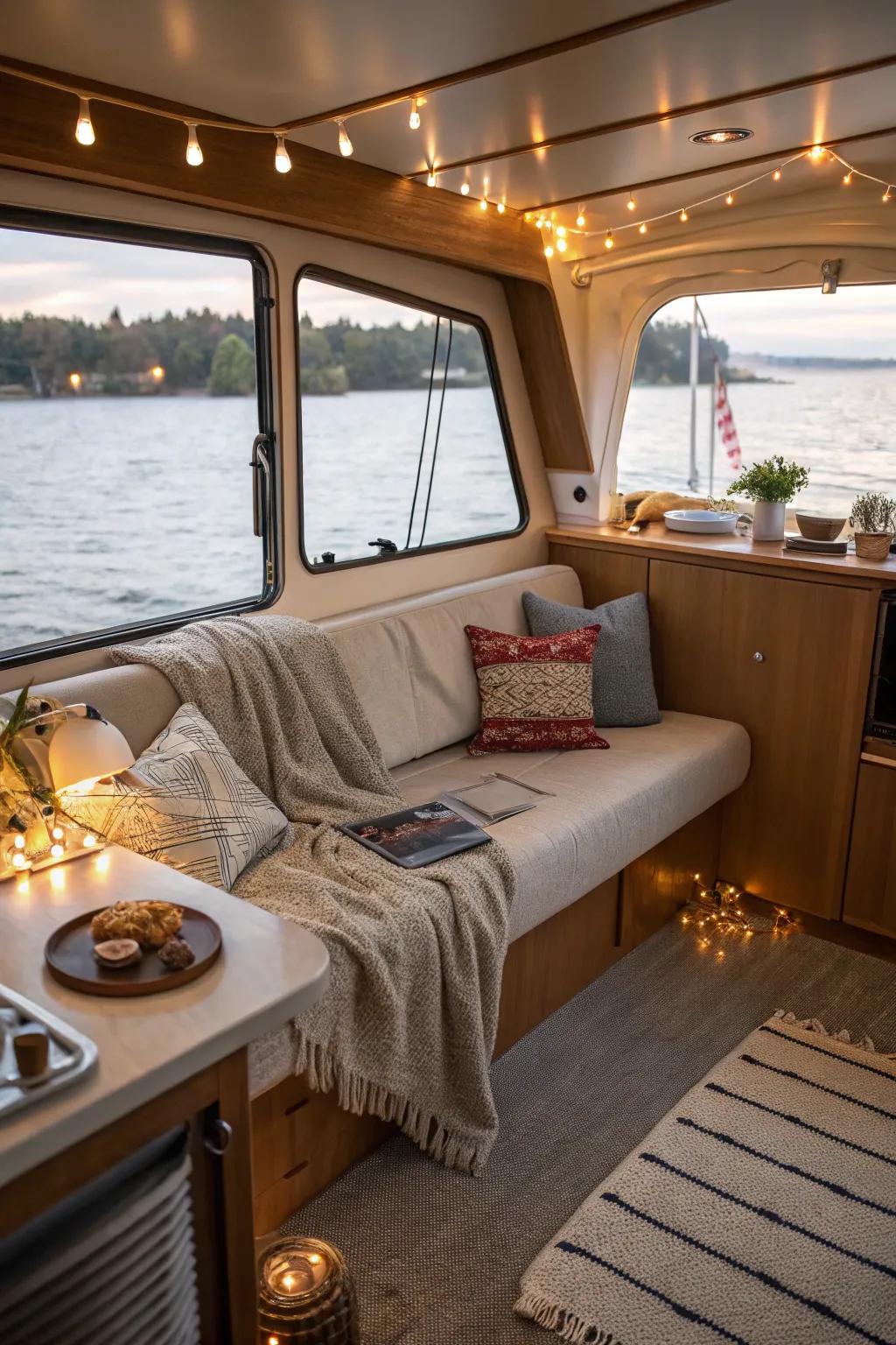 Convertible sofa bed in a cozy boat living area.