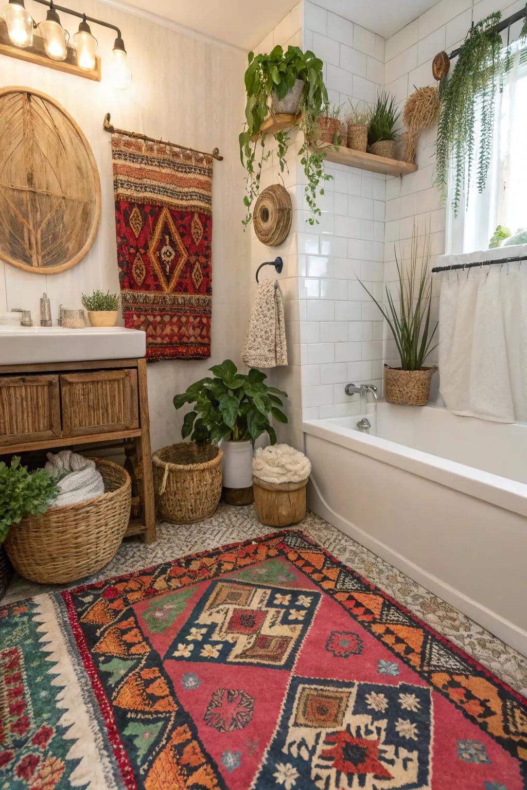 A cozy bohemian bathroom featuring a vibrant vintage rug.