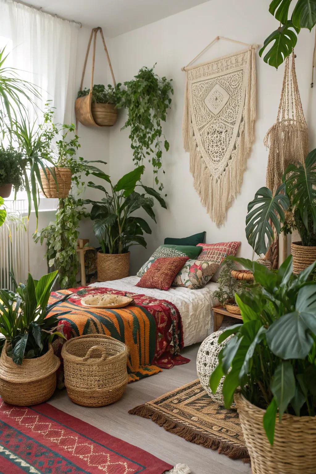 Lush house plants add vibrancy to this boho bedroom.