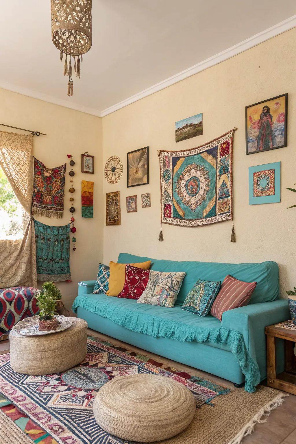A bohemian living room featuring a vibrant and earthy color palette.
