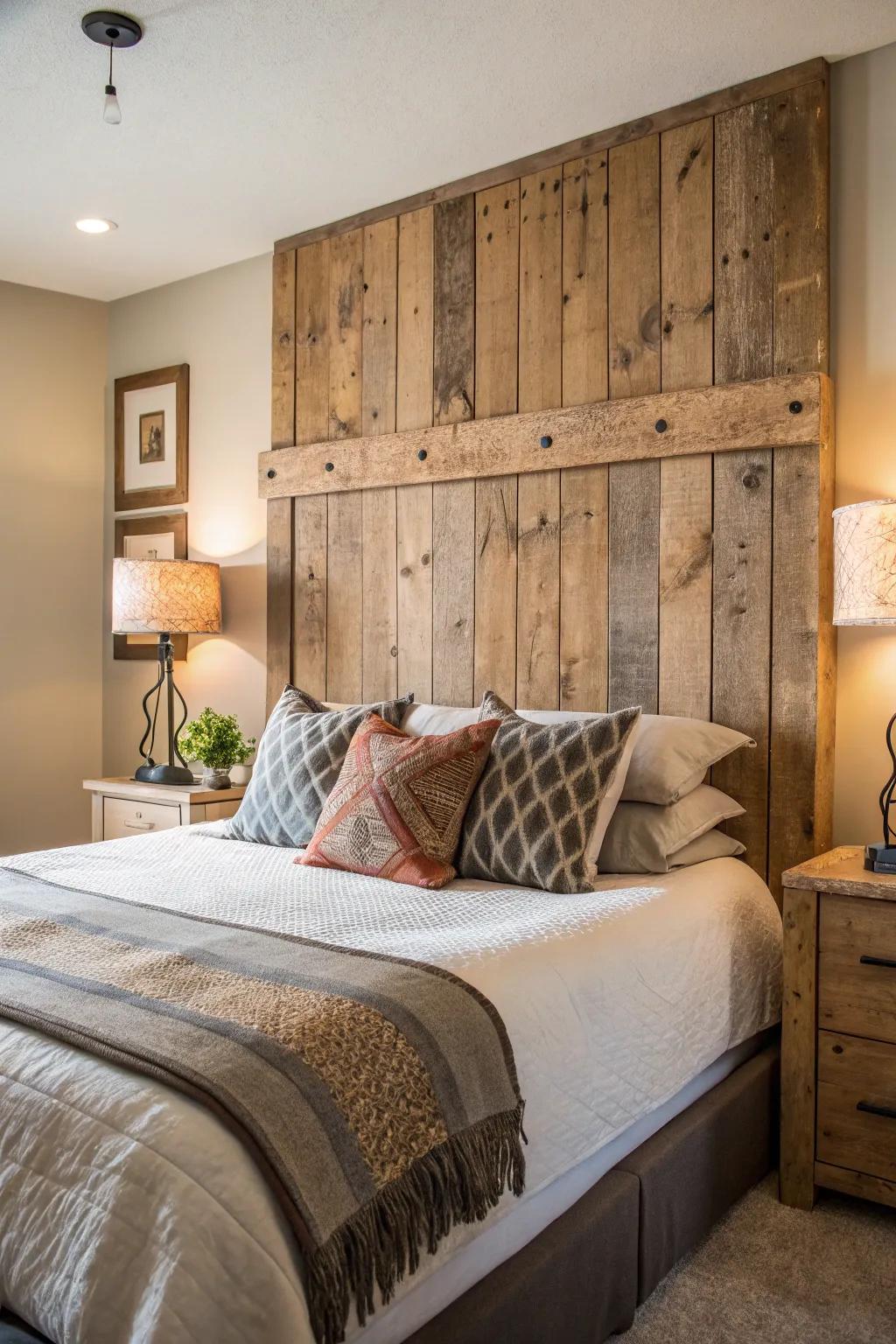 Reclaimed wood comes together to form a headboard that is as sustainable as it is charming.