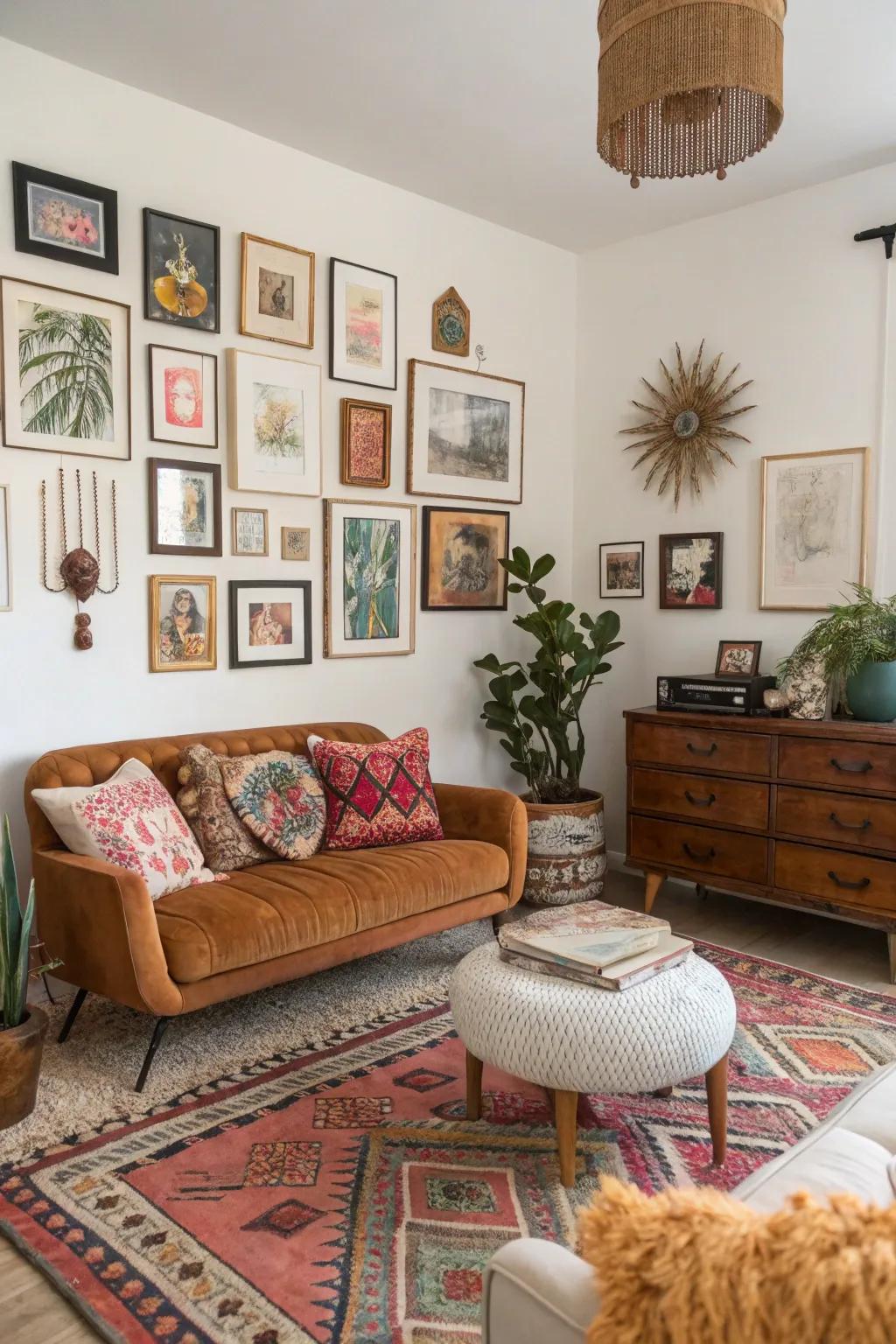 Diverse decor is at the core of a bohemian living area.