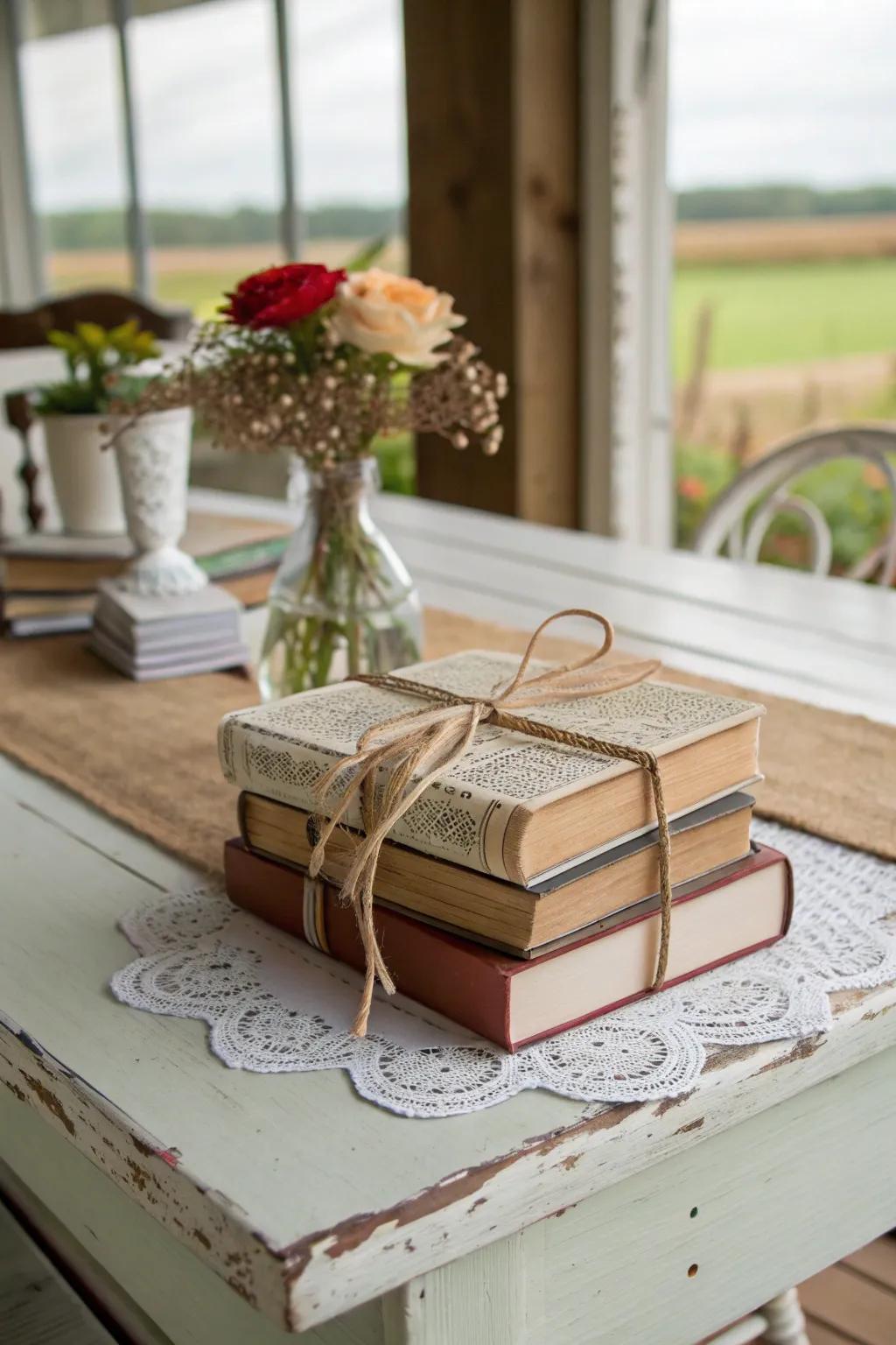 Rustic elegance featuring books wrapped in twine and lace.