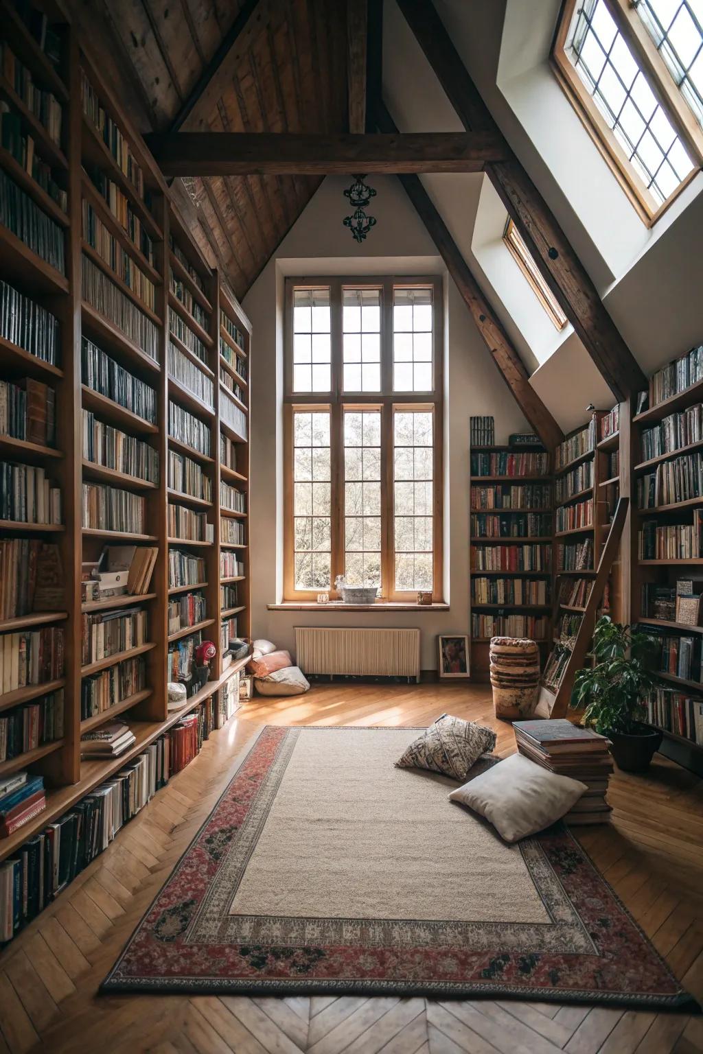 A loft converted into a personal library, tailored for avid book enthusiasts.