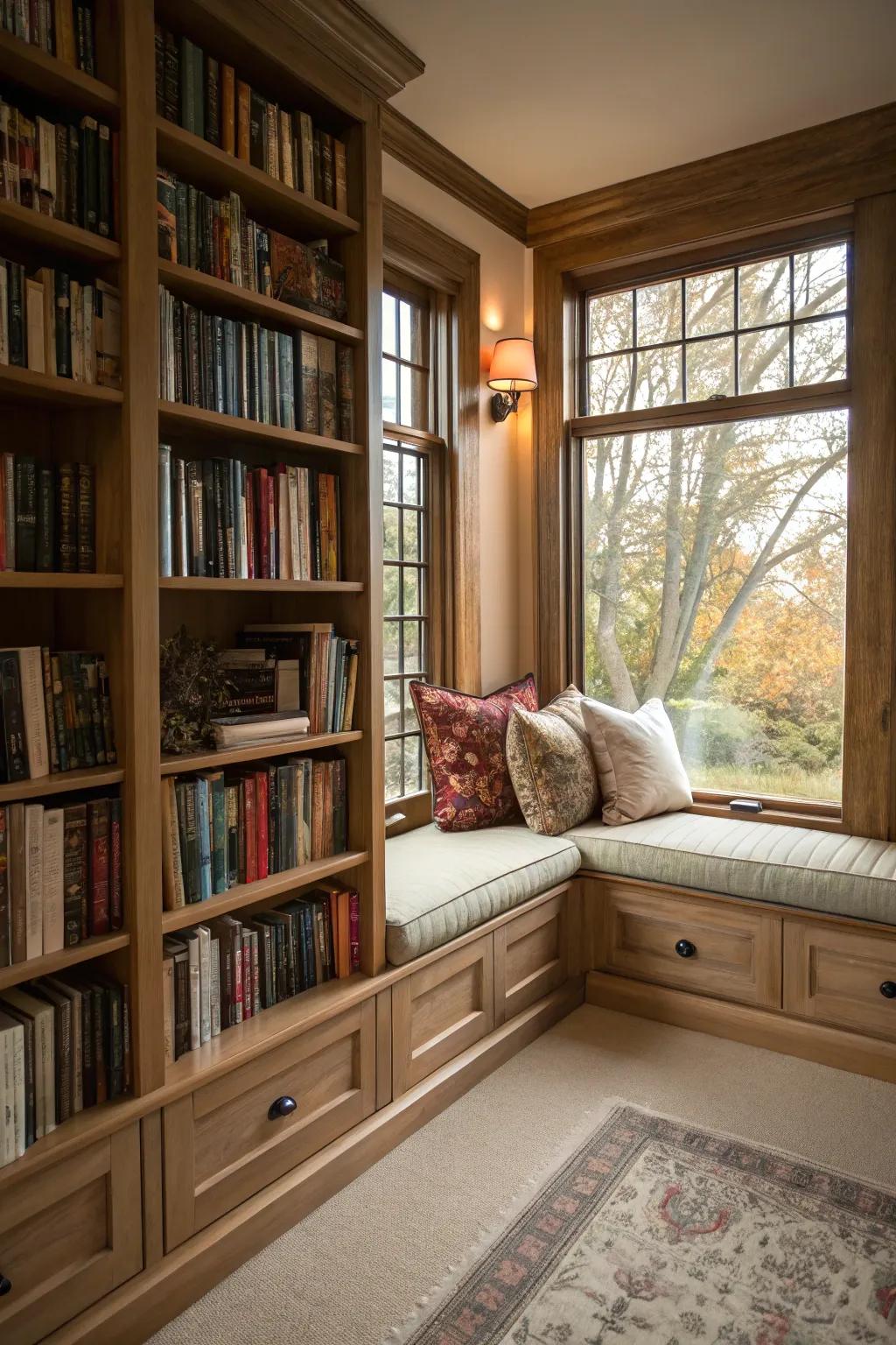 Craft a snug reading nook using strategically placed shelves.