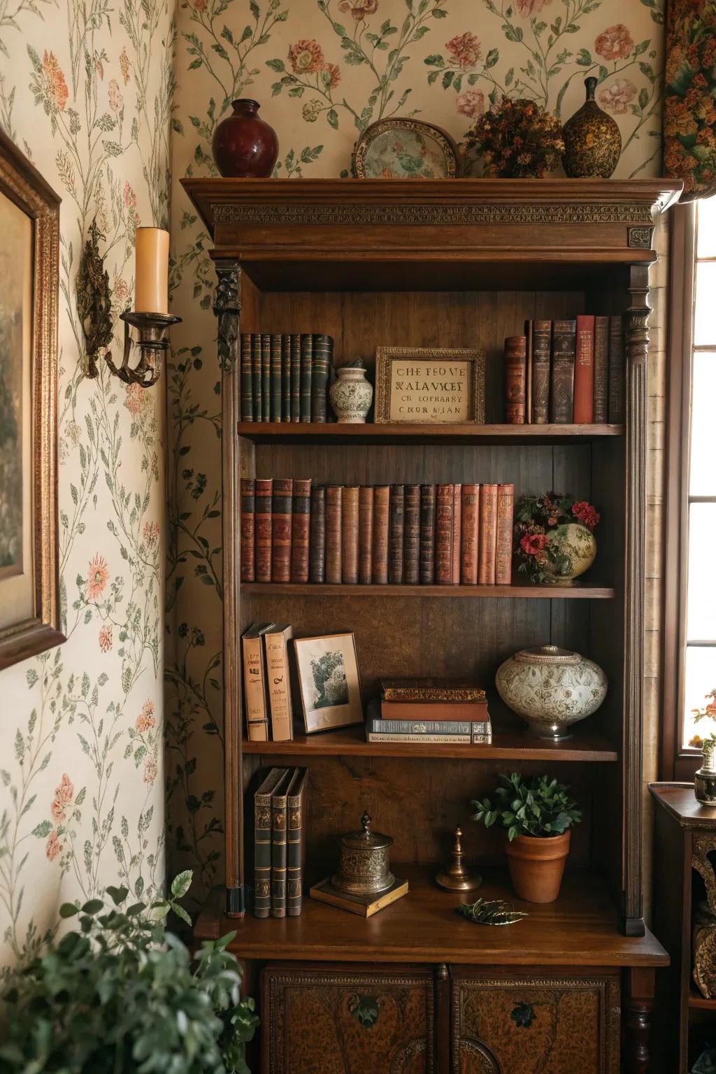 A bookshelf with vintage floral wallpaper for a touch of nostalgia.