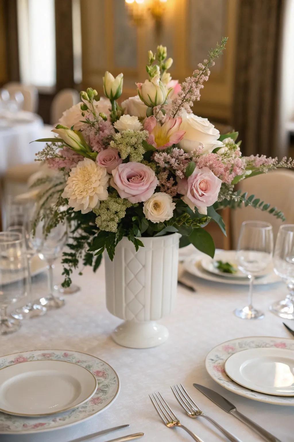 Sophisticated grace with delicate pastel blossoms.