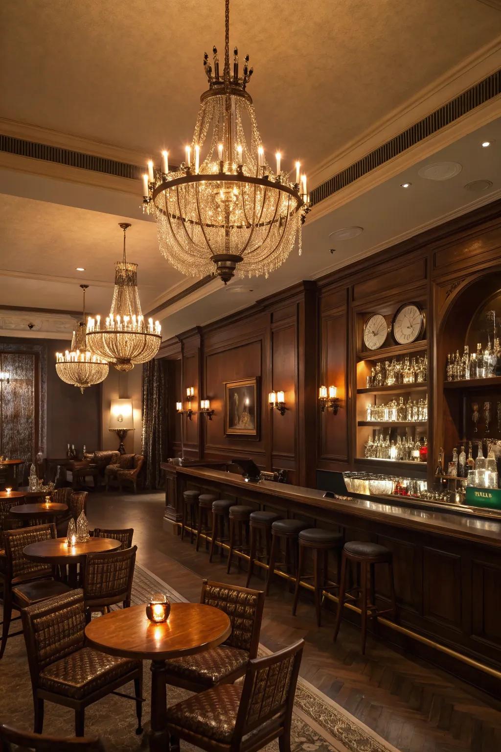 Chandeliers and sconces create a welcoming, cozy setting.