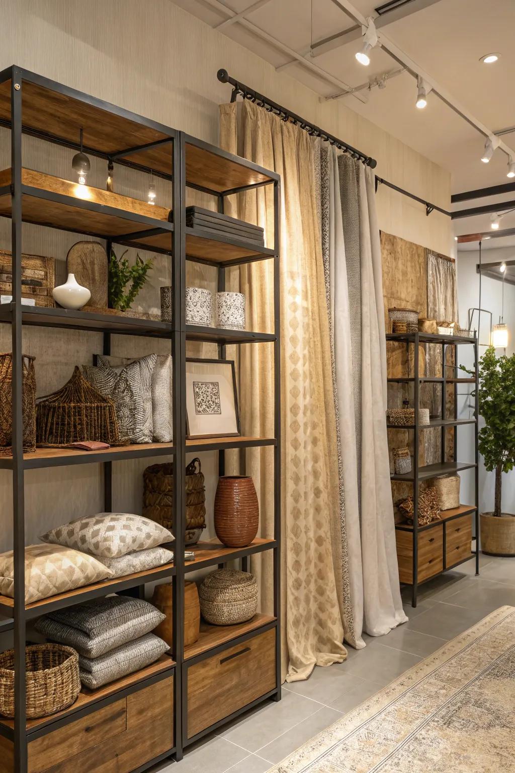 A boutique decor setting with a mix of wood, metal, and fabric, offering a textured and engaging atmosphere.