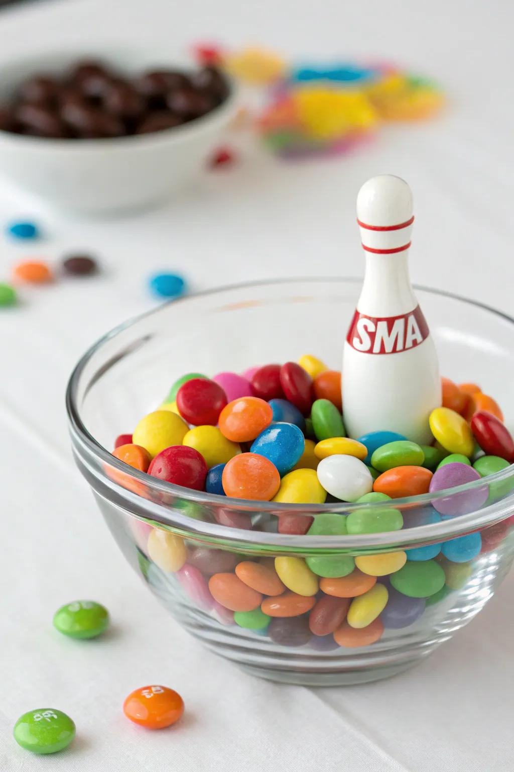 A delightful confectionery centerpiece showcasing sweets and a bowling pin.