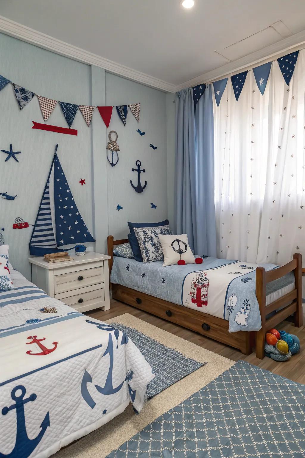A unifying theme such as aquatic adventures can bring cohesion to a shared space.