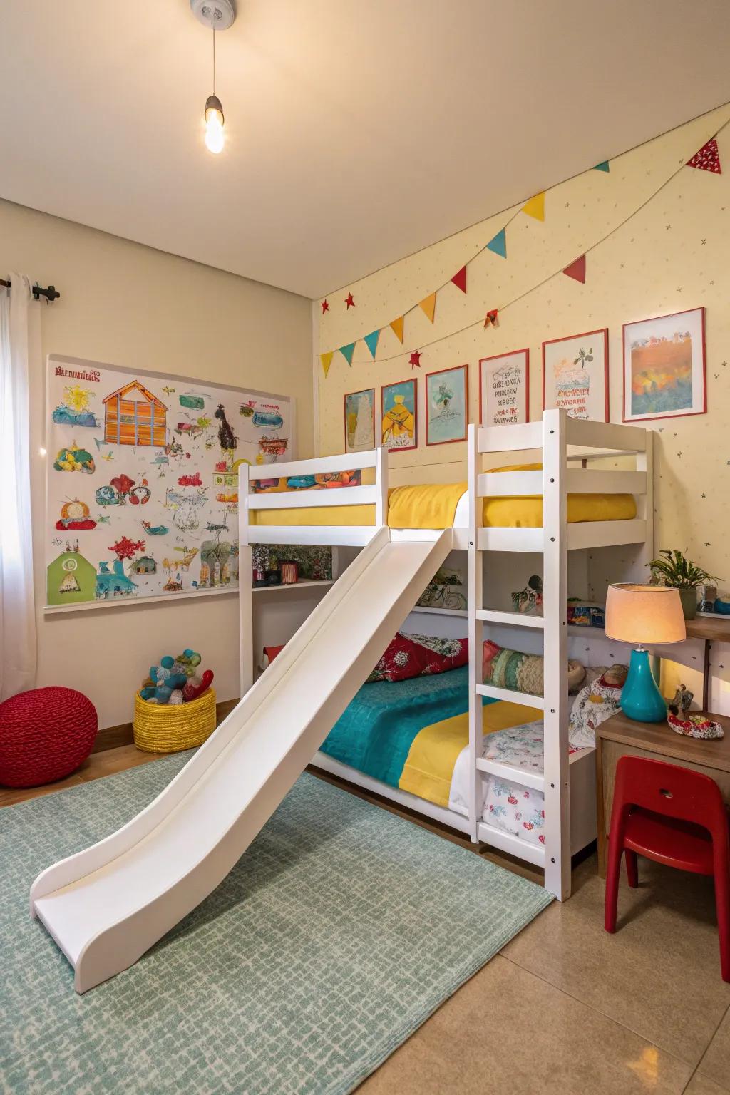 Adding a slide to a bunk bed brings a playful element to any shared room.