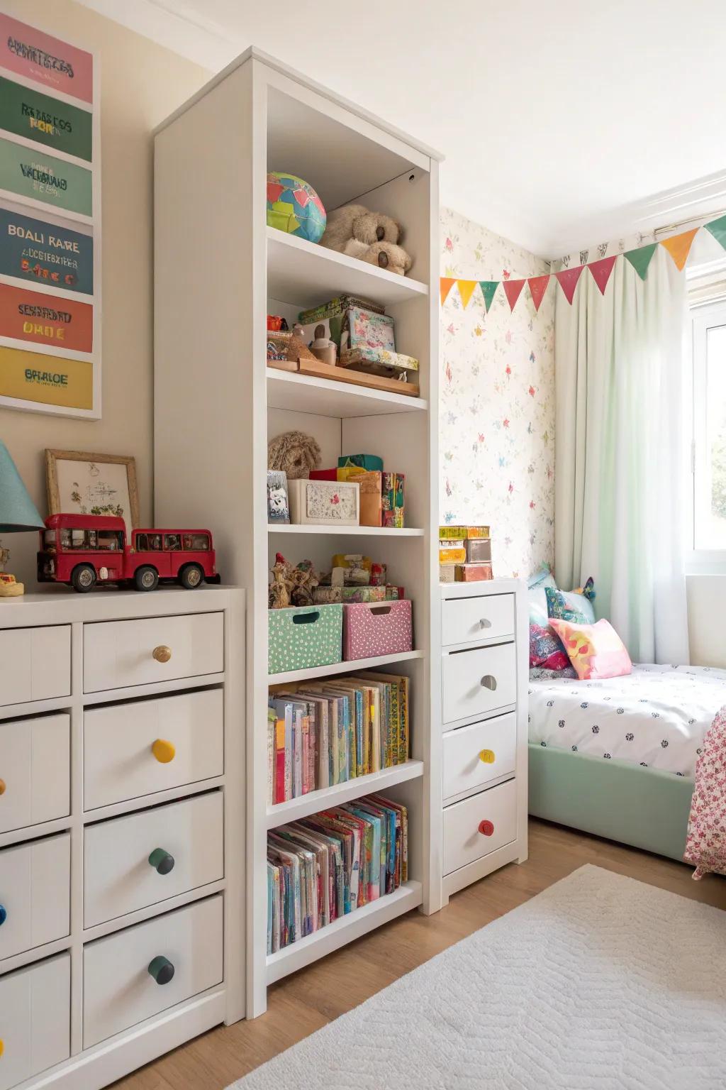 Smart storage units help keep shared rooms neat and spacious.