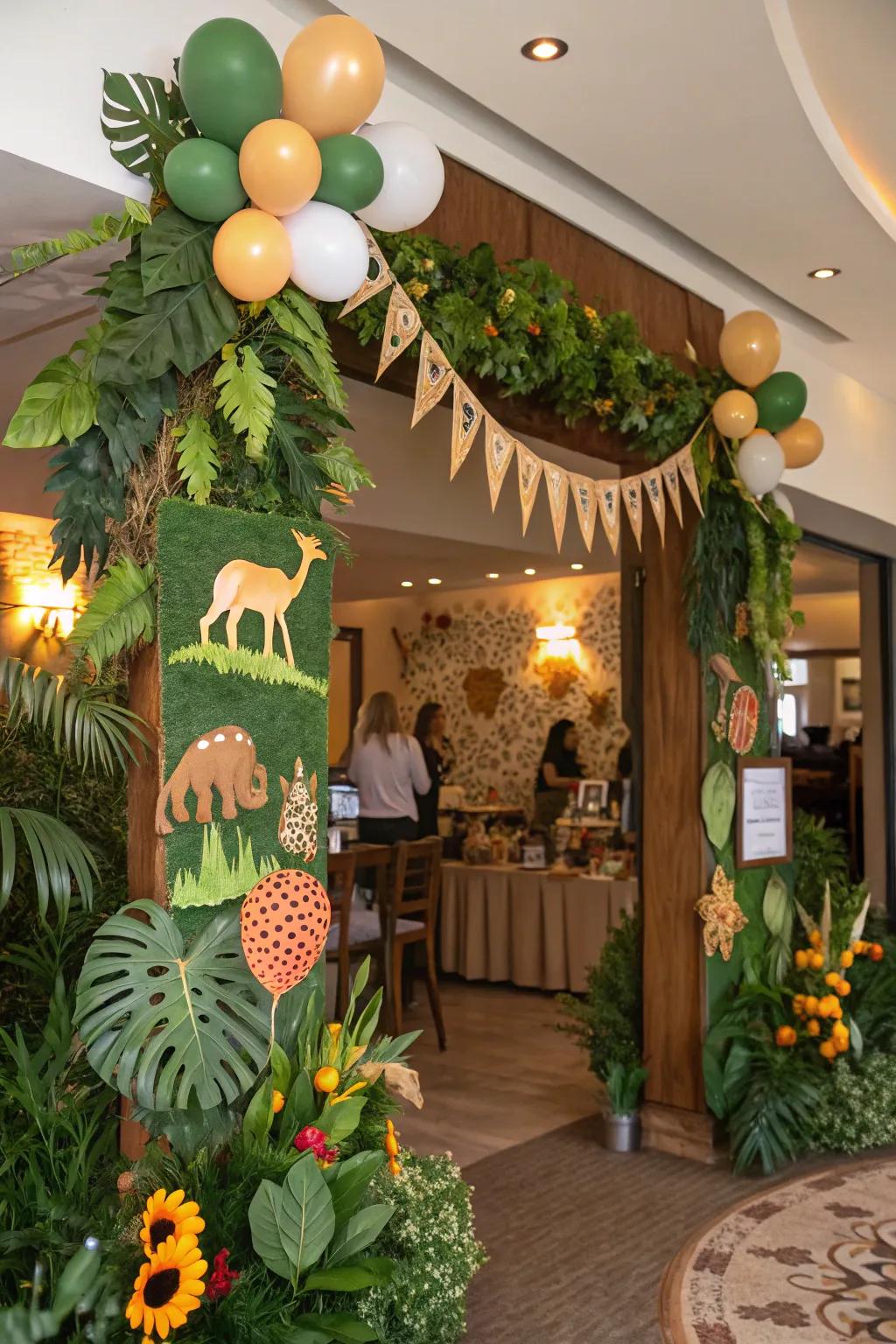 A wildlife-inspired baby shower showcasing lush vegetation and playful animal decor