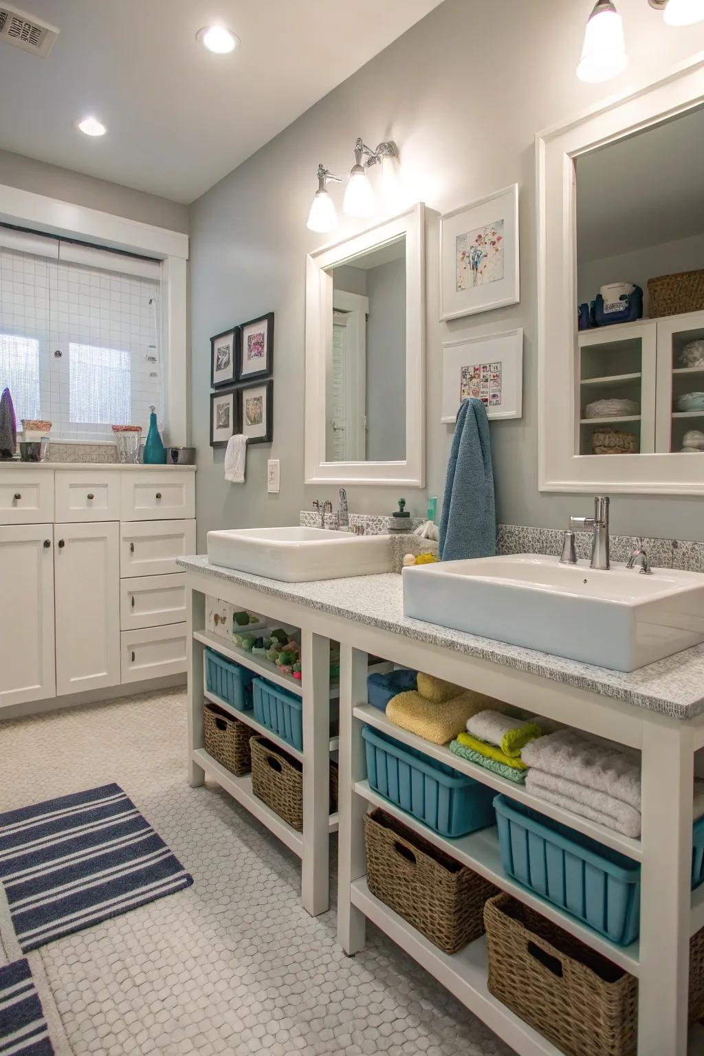 Functional double sinks fitted with step stools in a shared boys' bathroom.
