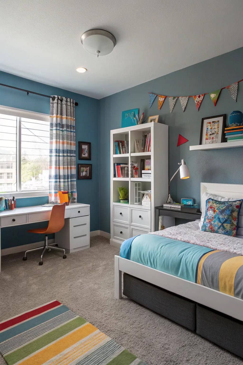 Slate-blue provides a sophisticated yet whimsical foundation.