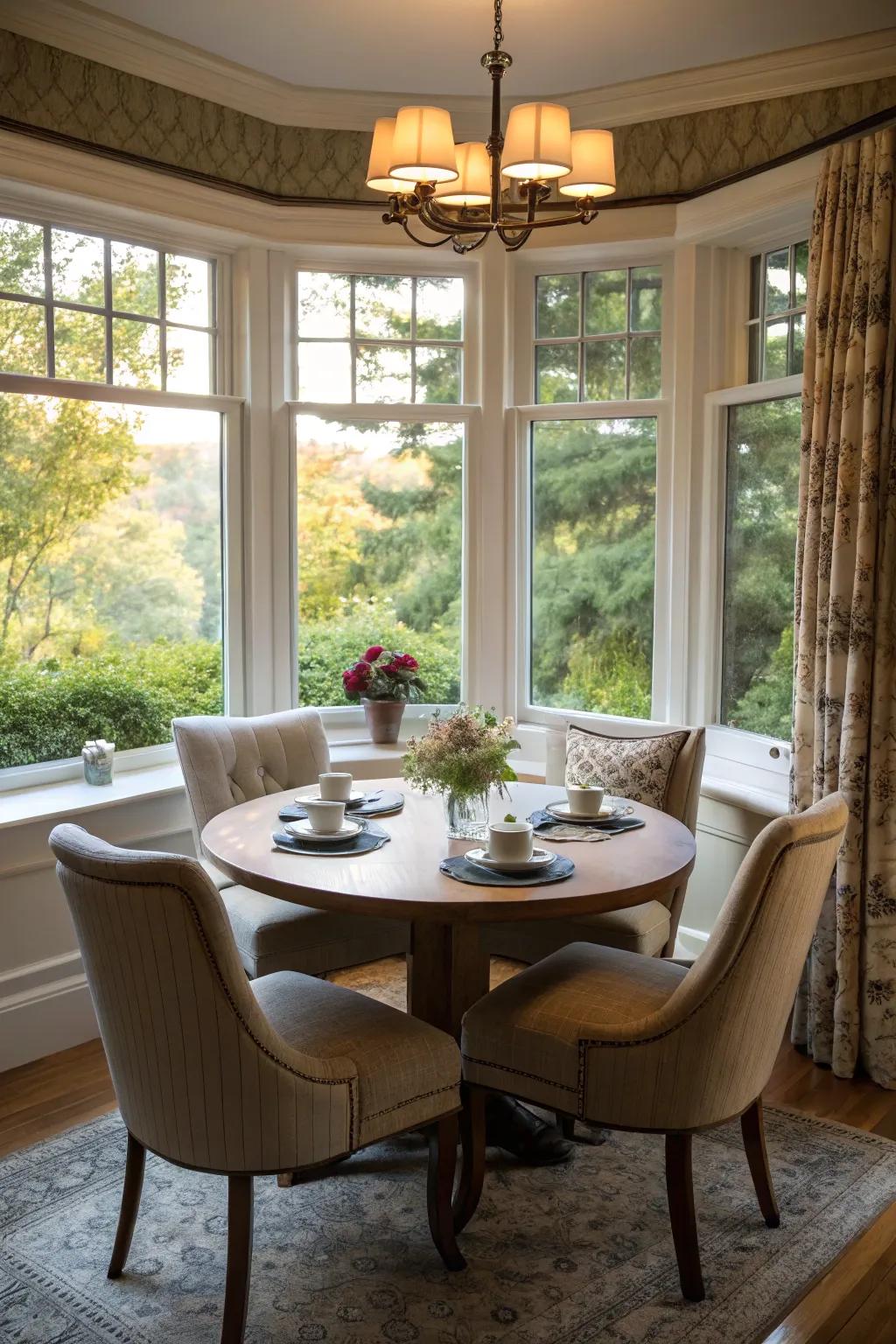 A circular table makes for an inviting and intimate breakfast nook.