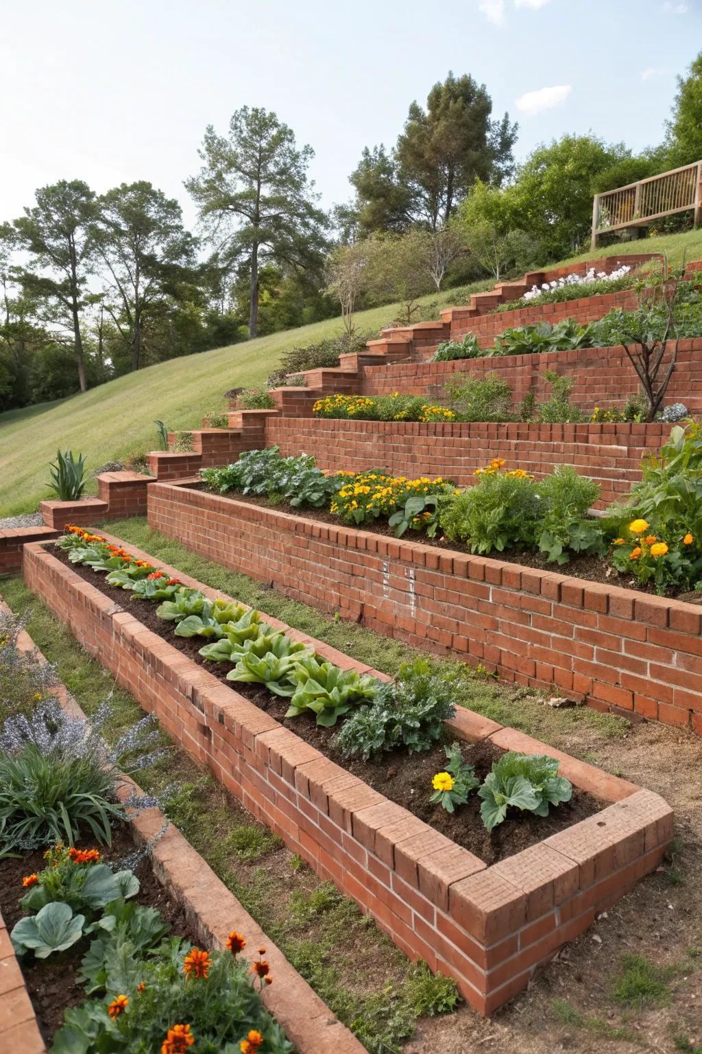 Improve your gardening experience with tiered brick raised beds.